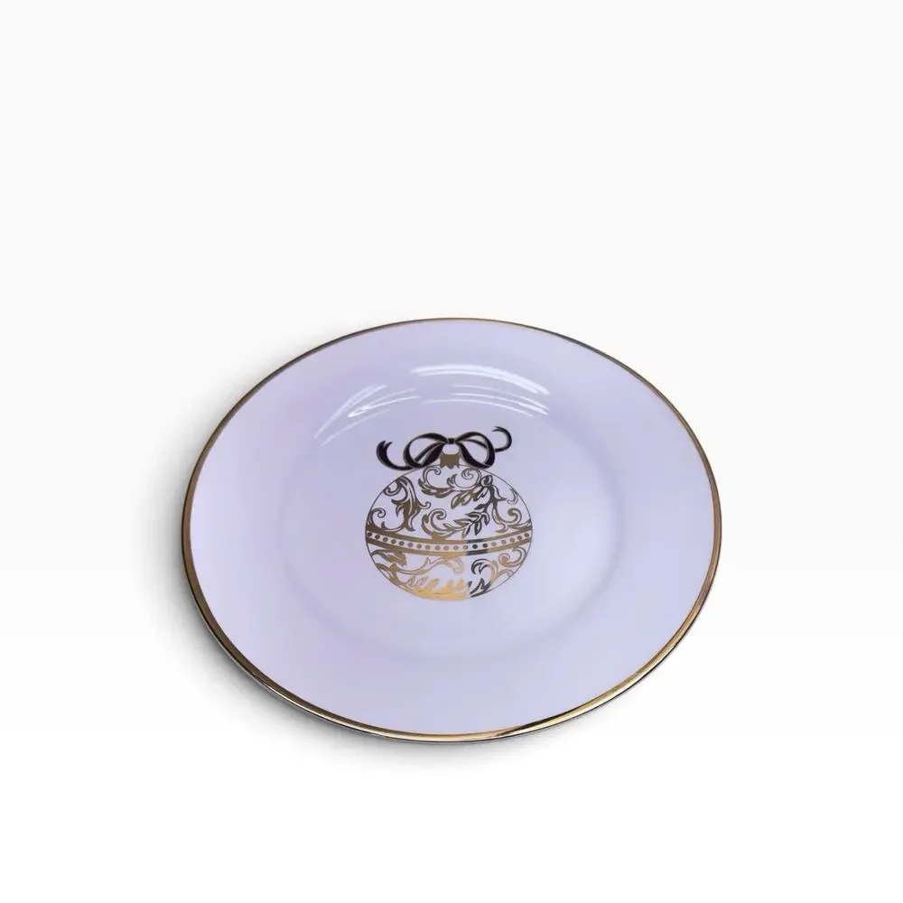 Pier 1 Ornament Gold Rim Green Brown Blue Red Bow White Salad 7.5 in Plate Lot 6